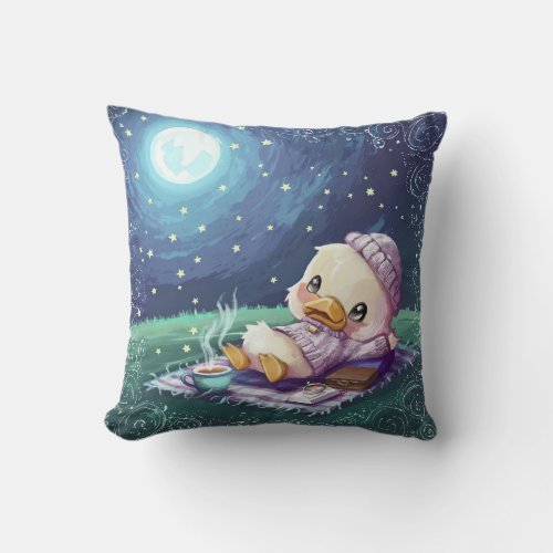 Cute Duck on a Picnic under Moon Light Throw Pillow