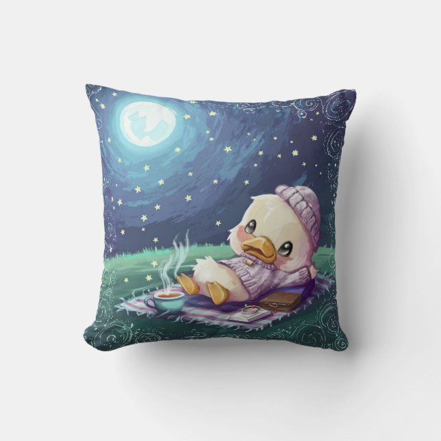 Cute Duck on a Picnic under Moon Light Throw Pillow (Front)