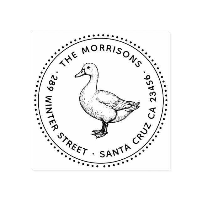 Cute Duck Round Family Name & Return Address Rubber Stamp (Imprint)
