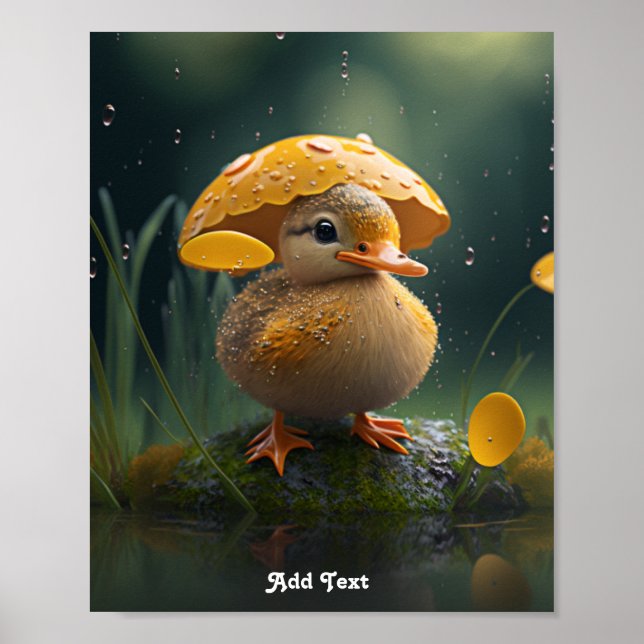 Cute Duck under Yellow Umbrella in Rain Nursery  Poster (Front)