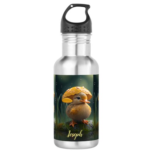 Cute Duck under Yellow Umbrella Personalized Name Stainless Steel Water Bottle