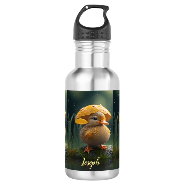 Cute Duck under Yellow Umbrella Personalized Name Stainless Steel Water Bottle (Front)