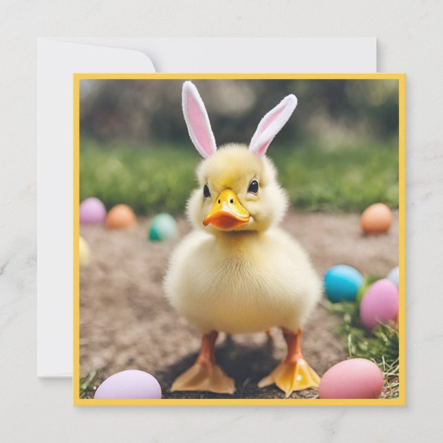 Cute Duck Wearing Bunny Ears AI Photo Easter  Card (Front)