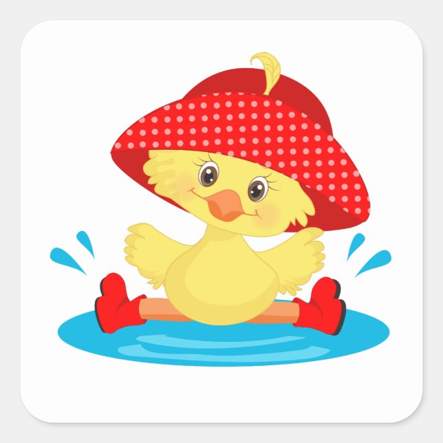 Cute duck with hat square sticker (Front)
