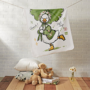 Cute Duck with Leaf Umbrella & Floral Bonnet Baby Blanket