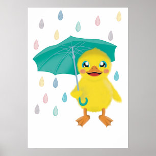Cute Duck With Umbrella In Rainbow Rain Poster