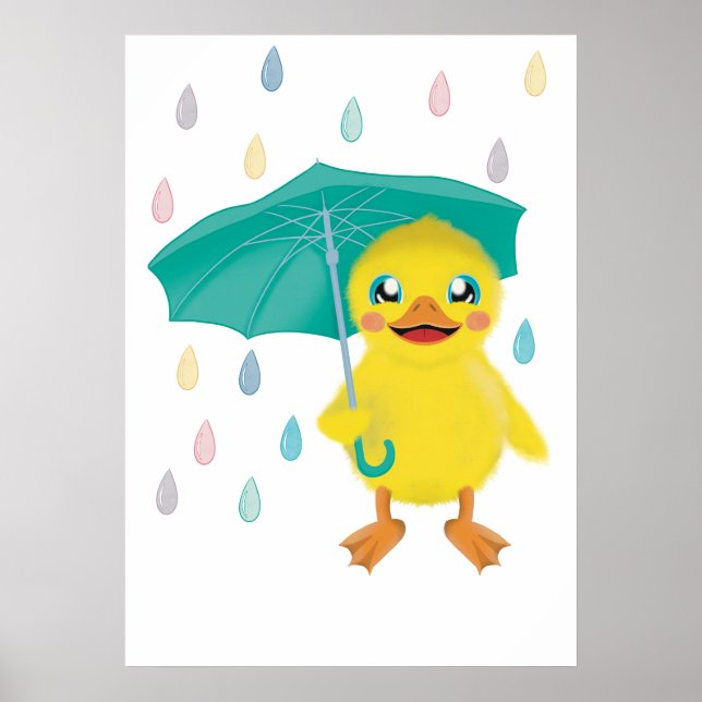 Cute Duck With Umbrella In Rainbow Rain  Poster (Front)