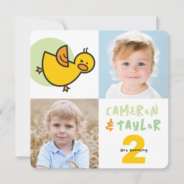 Cute Duckies Boy Girl Twins Green Joint Birthday Invitation (Front)