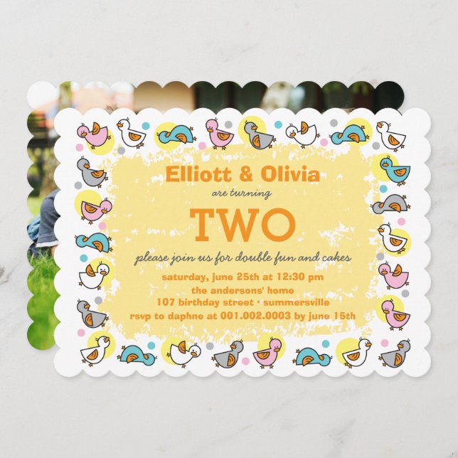 Cute Duckies Boy Girl Twins Joint Birthday Party Invitation (Front/Back)