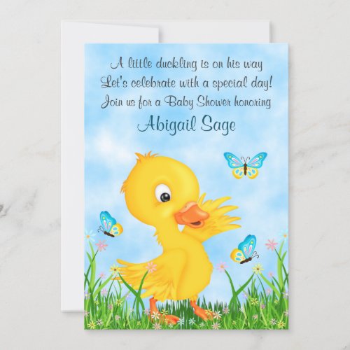 Cute Duckling and Butterflies Boy Baby Shower Invitation
