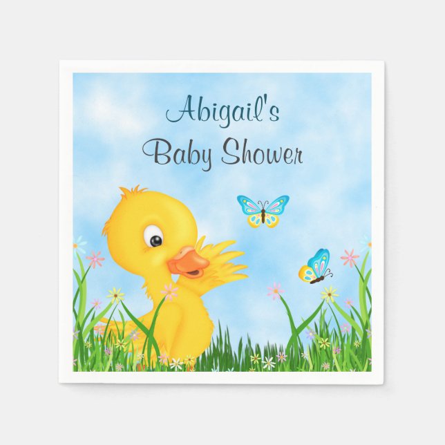 Cute Duckling and Butterflies Boy Baby Shower Napkins (Front)