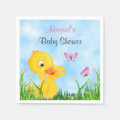 Cute Duckling and Butterflies Girl Baby Shower Napkins
