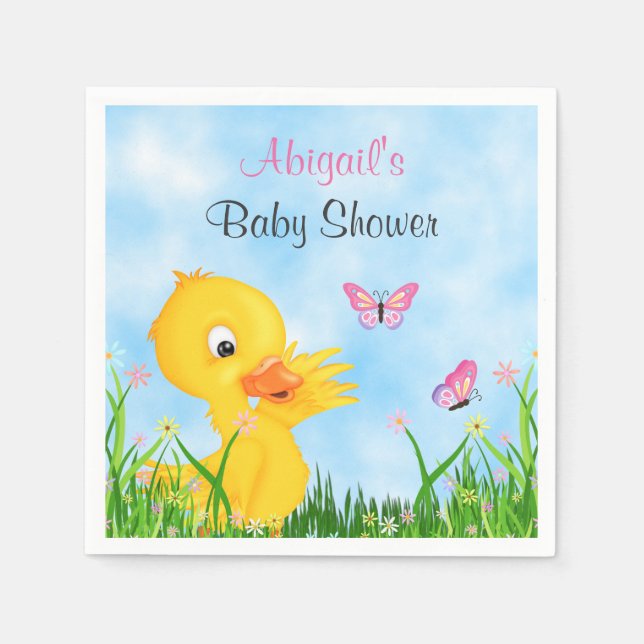 Cute Duckling and Butterflies Girl Baby Shower Napkins (Front)