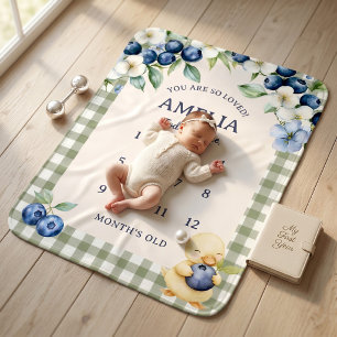 Cute Duckling Blueberry Gingham Milestone Blanket