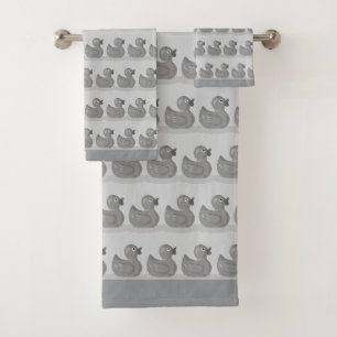 Cute Duckling Pattern on Light Silver Gray Bath Towel Set