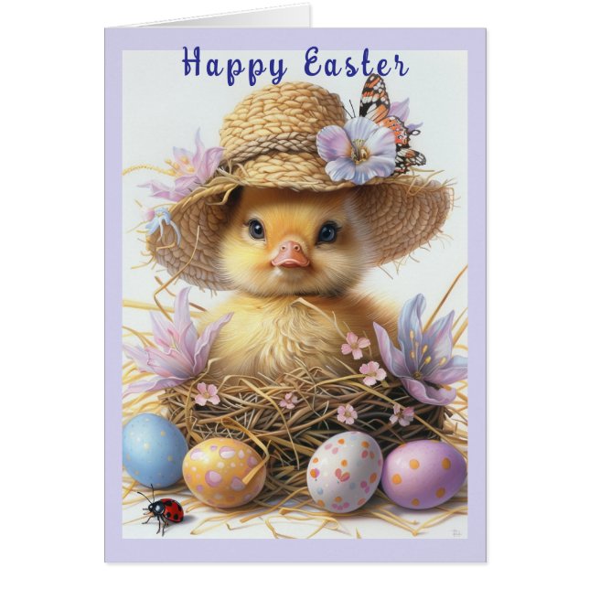 Cute Duckling Straw Hat Butterfly Ladybug Eggs Cards (Front)