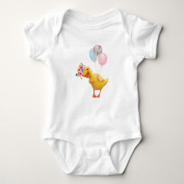 Cute Duckling wearing Floral Crown 1st Birthday  Baby Bodysuit (Front)