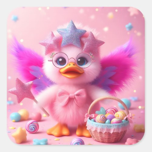 Cute Duckling with Candy Basket Square Sticker