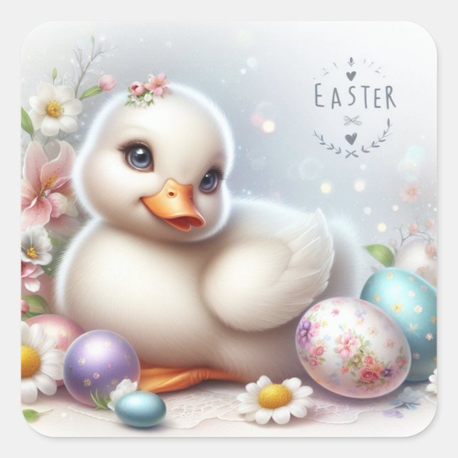Cute Duckling with Easter Eggs and Spring Flowers Square Sticker (Front)