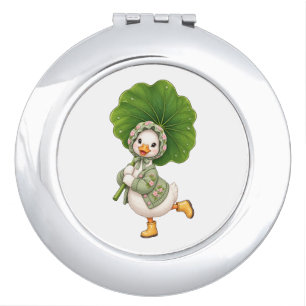 Cute Duckling with Leaf Umbrella – Whimsical Sprin Compact Mirror