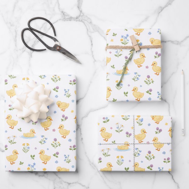 Cute Ducklings and Wildflowers Pattern Wrapping Paper Sheets (Front)
