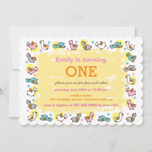 Cute Ducks Baby Girl's 1st Birthday Party Invite (Front)