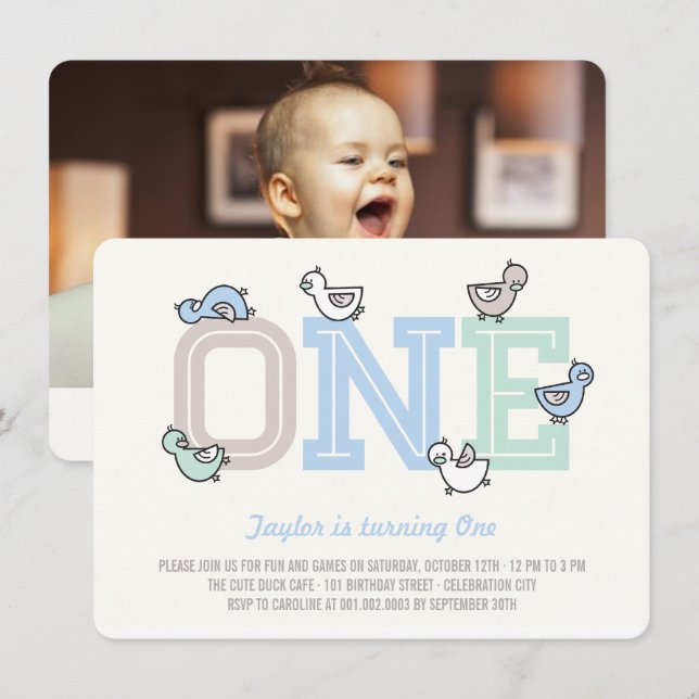 Cute Ducks Big One Boy 1st Birthday Party Invite (Front/Back)