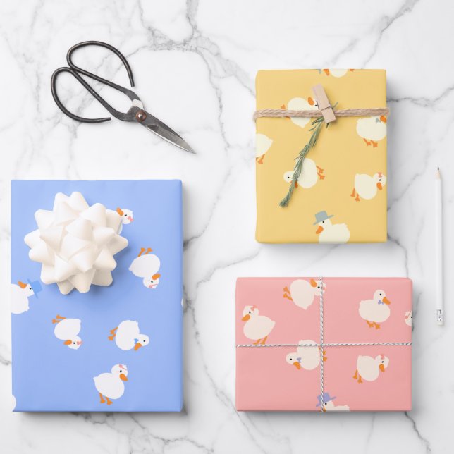 Cute Ducks Set Of 3 Baby Shower Wrapping Paper Sheets (Front)