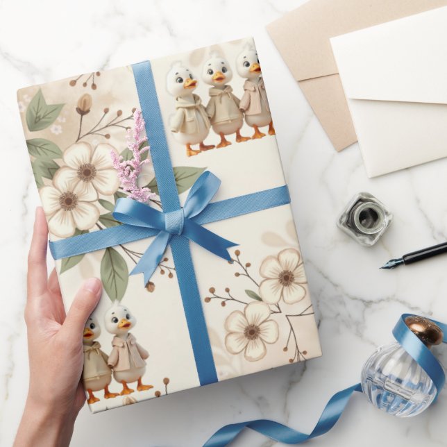 Cute Ducks With Floral Wrapping Paper (Gifting)