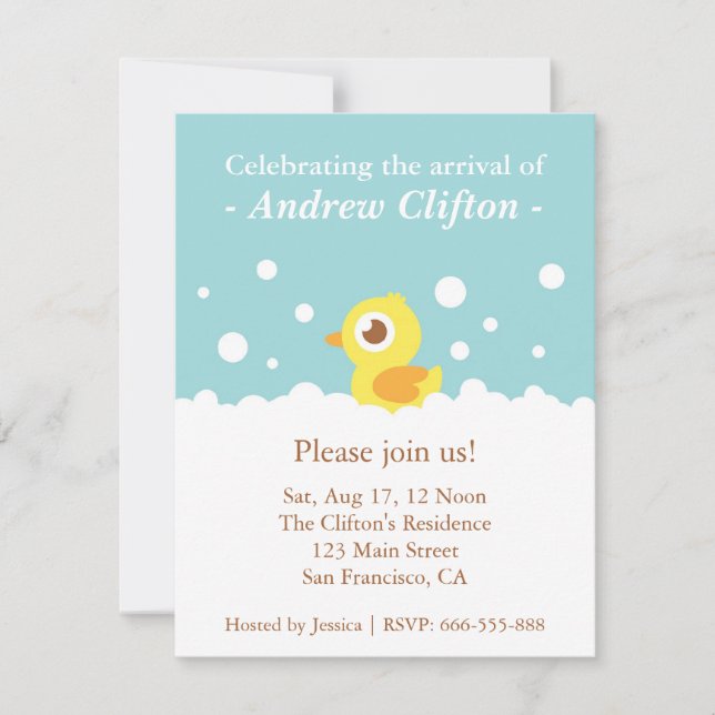 Cute Ducky with Bubbles Blue Baby Shower Party Invitation (Front)
