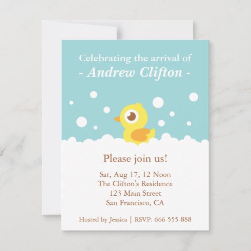 Cute Ducky with Bubbles Blue Baby Shower Party Invitation