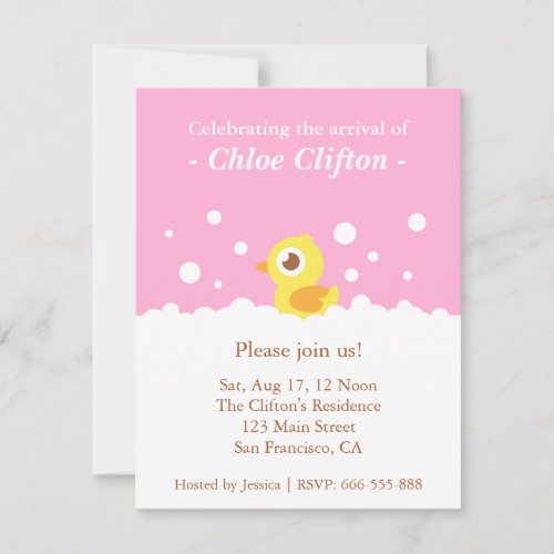 Cute Ducky with Bubbles Pink Baby Shower Party Invitation