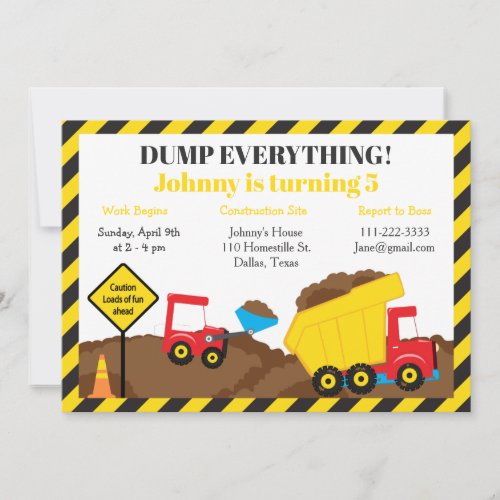 Cute Dump Truck and Digger Birthday Party Invitation