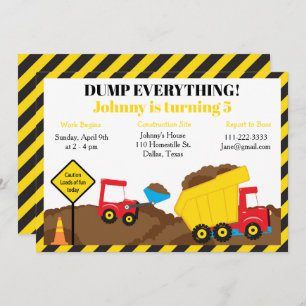 Cute Dump Truck and Digger Birthday Party Invitation