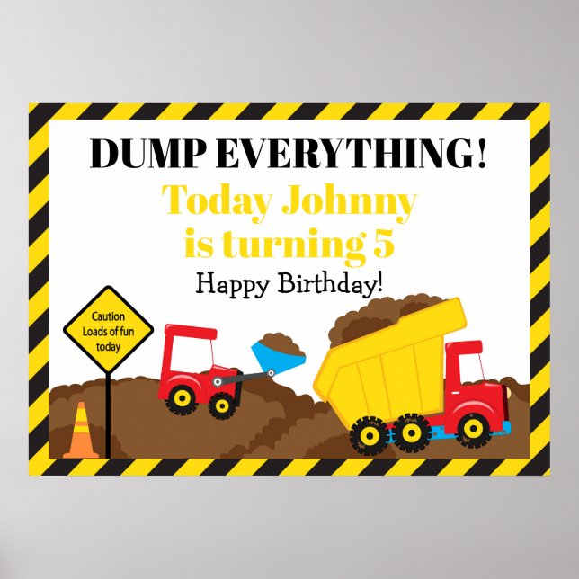 Cute Dump Truck and Digger Birthday Poster (Front)