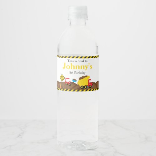 Cute Dump Truck and Digger Water Bottle Label