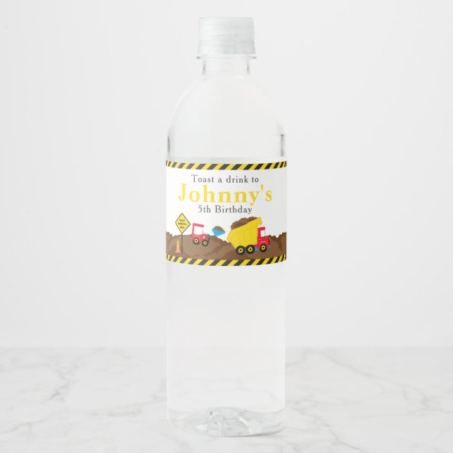 Cute Dump Truck and Digger Water Bottle Label (Front)