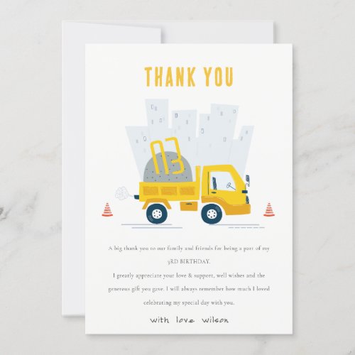 Cute Dump Truck Construction Vehicle Birthday Thank You Card