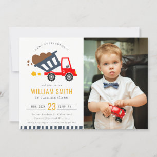 Cute Dump Truck Kids Photo Any Age Birthday Invite