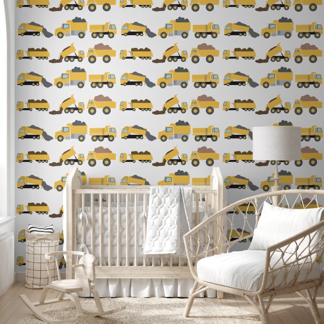 Cute Dump Trucks Construction Boys Nursery Bedroom Wallpaper (Kids)