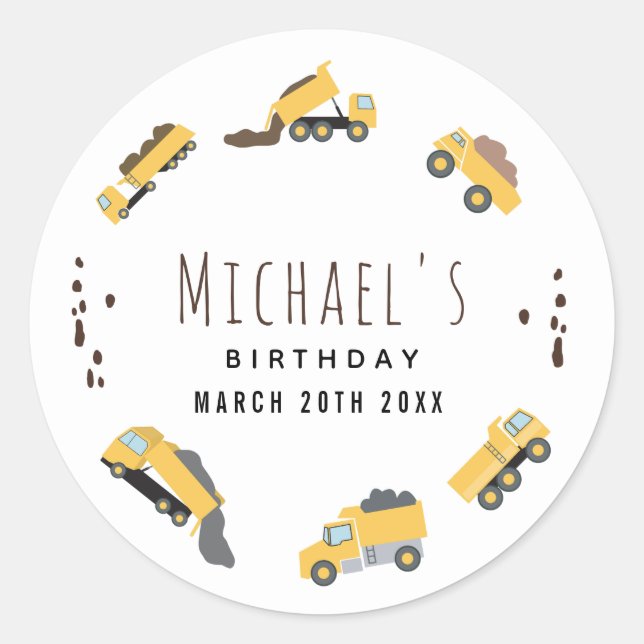 Cute Dump Trucks Construction Trucks Birthday Classic Round Sticker (Front)