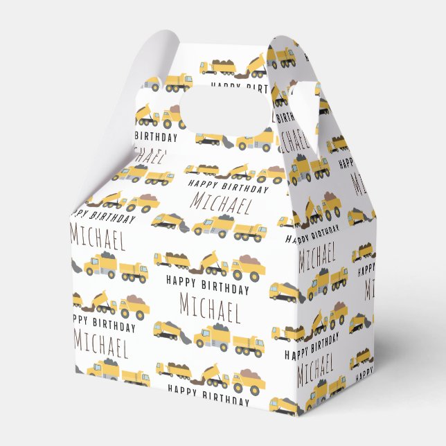 Cute Dump Trucks Construction Trucks Custom Name Favor Boxes (Front Side)