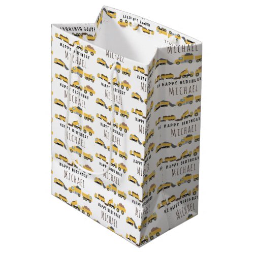 Cute Dump Trucks Construction Trucks Custom Name Medium Gift Bag