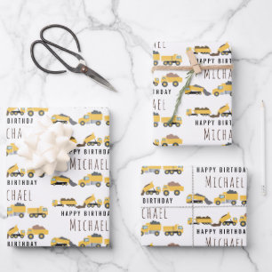 Cute Dump Trucks Construction Trucks Custom Name Wrapping Paper Sheets