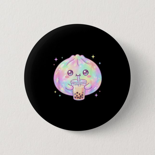 Cute dumpling drinking boba tea kawaii bubble tea button (Front)