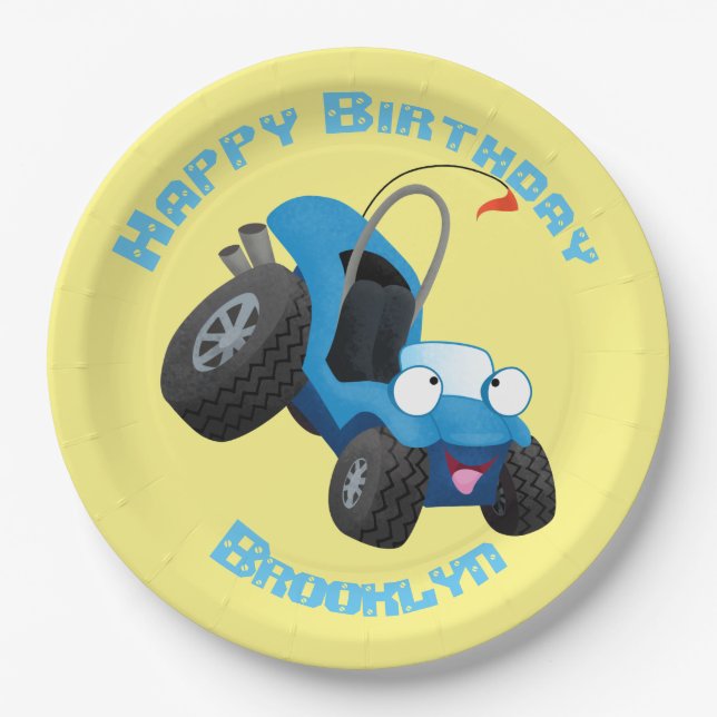 Cute dune buggy vehicle cartoon personalized paper plates (Front)