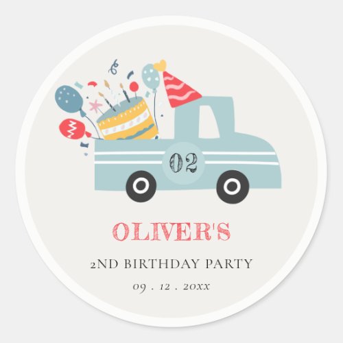 Cute Dusky Blue Any Age Birthday Party Cake Truck Classic Round Sticker