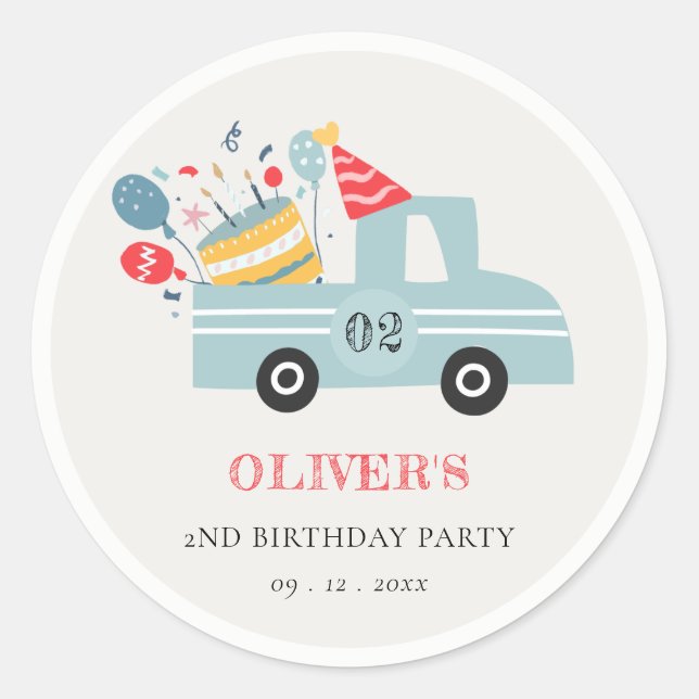 Cute Dusky Blue Any Age Birthday Party Cake Truck Classic Round Sticker (Front)