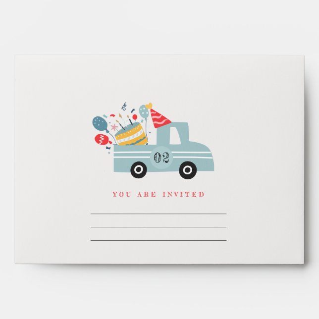 Cute Dusky Blue Any Age Birthday Party Cake Truck Envelope (Front)