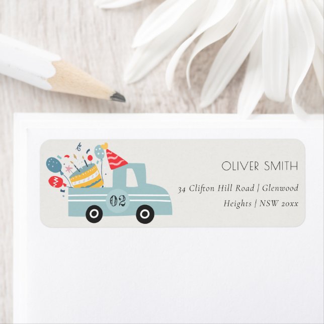 Cute Dusky Blue Any Age Birthday Party Cake Truck Label (Insitu)
